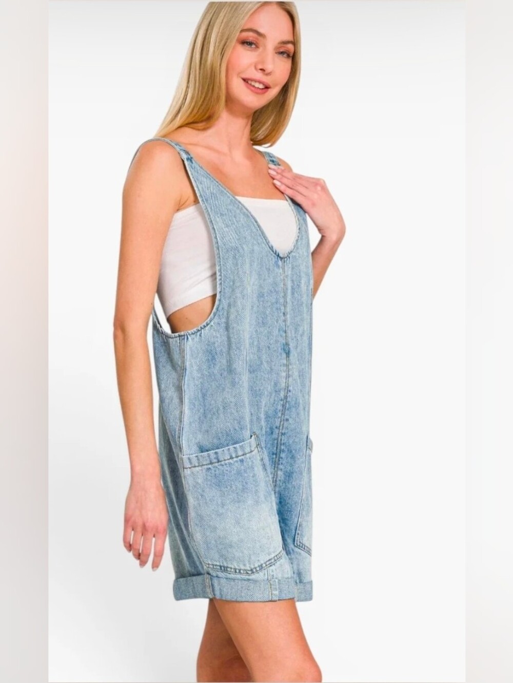 Zenana Light Wash Denim Romper - Picture 3 of 9